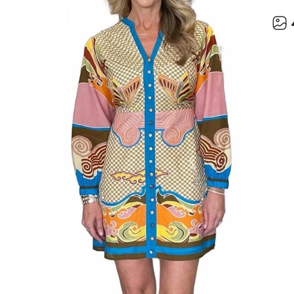Multicolor Printed Mini Dress with Blue Trim
